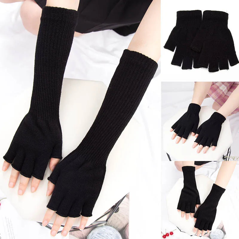 1Pair Black Unisex Half Finger Fingerless Gloves for Women Men Wool Knit Wrist Cotton Gothic Gloves Winter Warm Workout Gloves