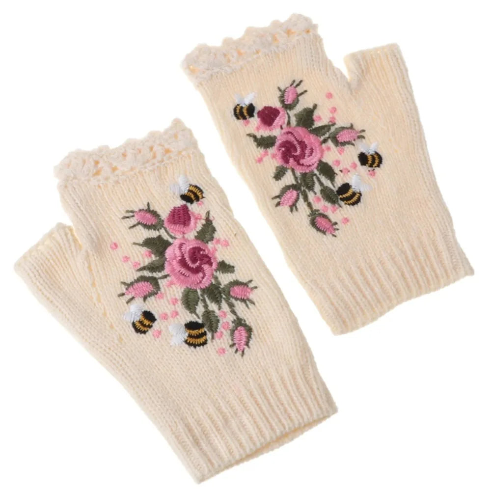 Floral Bee Embroidery Knitted Fingerless Gloves Comfortable Keep Warm Thumb Holes Flower Mittens Wrist Length Mittens Winter