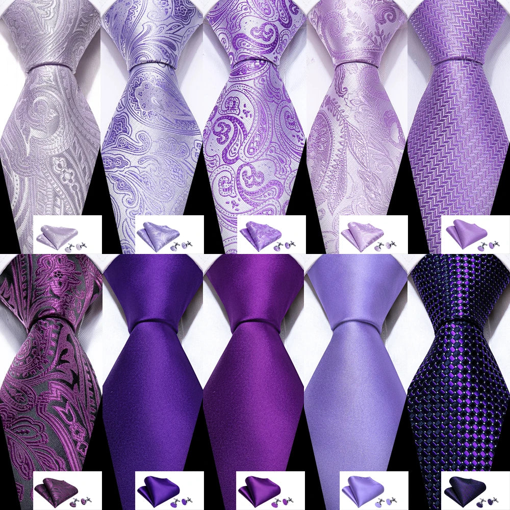 Male Gift Silk Men Tie Set Purple Violet Solid Paisley Striped Wedding Business Tie for Man Necktie Handky Cufflinks Barry.Wang