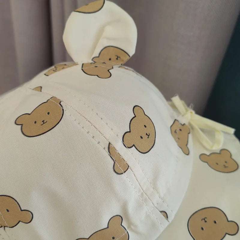 Korea Cotton Baby Bucket Hat with Ears Boys Girls Cute Cartoon Bear Breathable Sun Fisherman's Hat Kids Outdoor Child Panama Cap