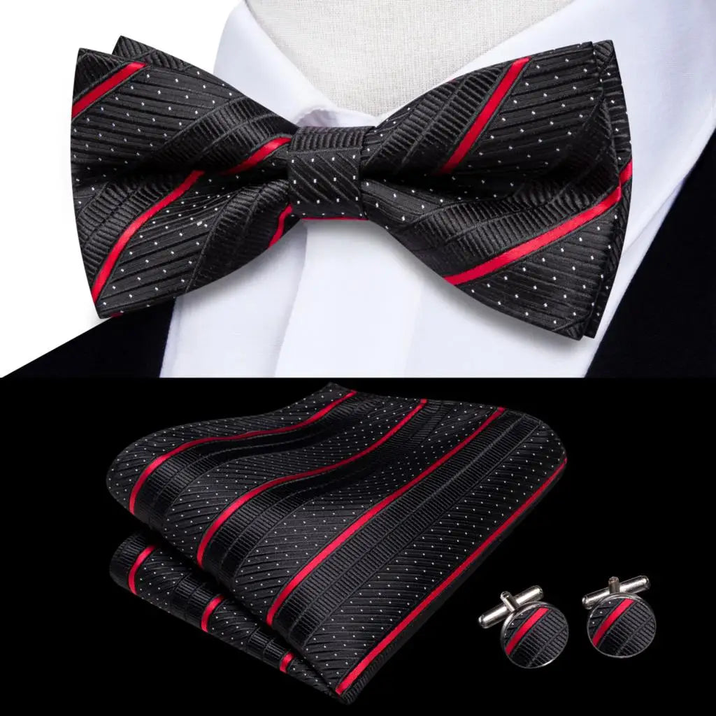 Hi-Tie Striped Black Red Mens Bow Tie Hankerchief Cufflink Pre-tied Silk Butterfly Knot Bowtie for Male Business Party Wholesale