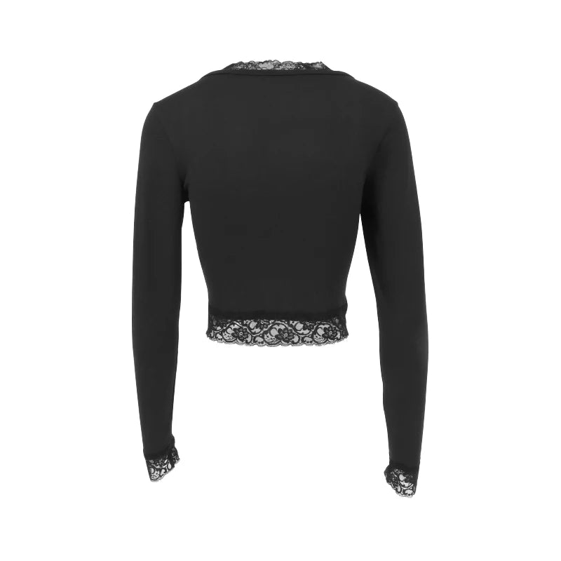 Sexy Black T-shirt Women Autumn New Lace Tees Fashion Streetwear O-Neck Casual Slim Long Sleeves T-shirt Female Versatile Top