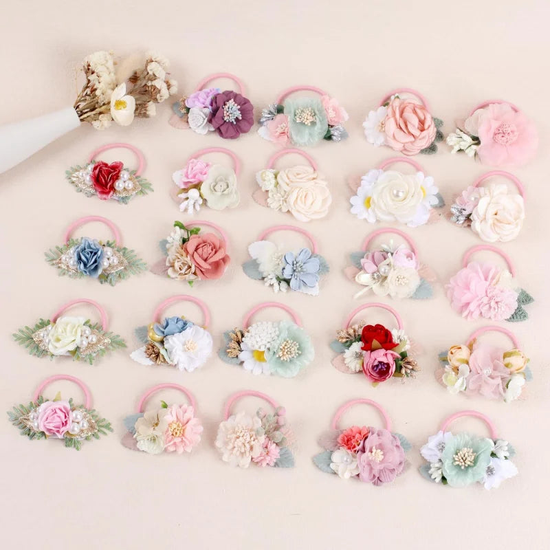 Handmade Flower Elastics Hair Ties For Kids Girls Stretchy Rubber Hairband Slim Headband Scrunchies Ponytail Holder Ring Loop