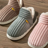 Winter Couple Style Concise Stripes Wrap Heels Plush Slippers Ladies' Non-slip Soft Warm Flip Flops Men Home Casual Cotton Shoes