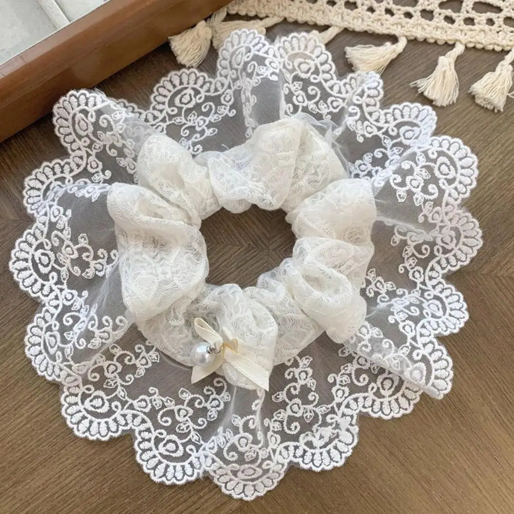 French Lace Pearl Rose Flower Elastics Hair Band For Women Cream White Scrunchies Hair Ties Ponytail Holder Hair Accessories