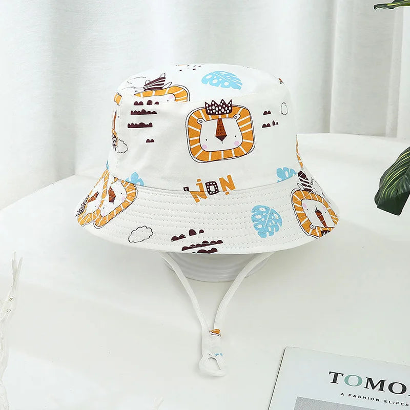 Cartoon Printing Baby Bucket Hat Cotton Breathable Kids Fisherman Hat Infant Toddle Sun Hat With Drawstring