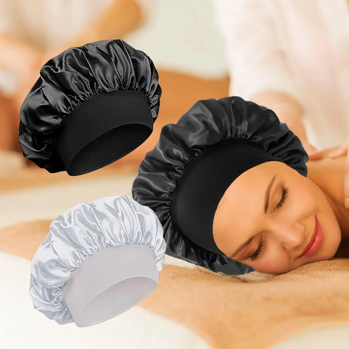 Women's Satin Solid Elastic Wide-brimmed Sleeping Hat Unisex Head Wrap Elastic Band Cap Hair Care Bonnet Night Hat bonnet