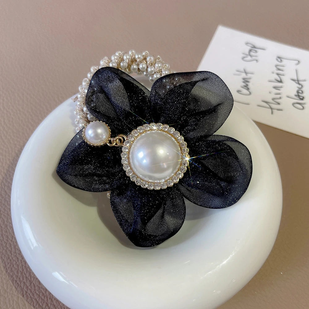 Flower Rhinestone Pearl Hair Elastics Ties Korean Version Headband Ponytail Hair Holder Hair Accessories for Girl and Women