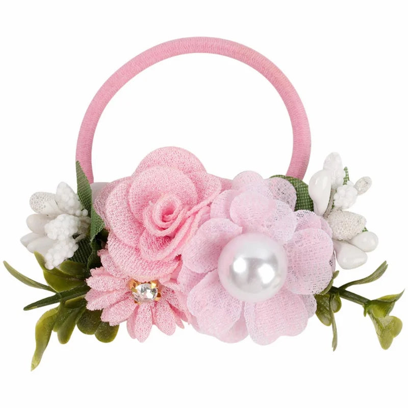 Handmade Flower Elastics Hair Ties For Kids Girls Stretchy Rubber Hairband Slim Headband Scrunchies Ponytail Holder Ring Loop
