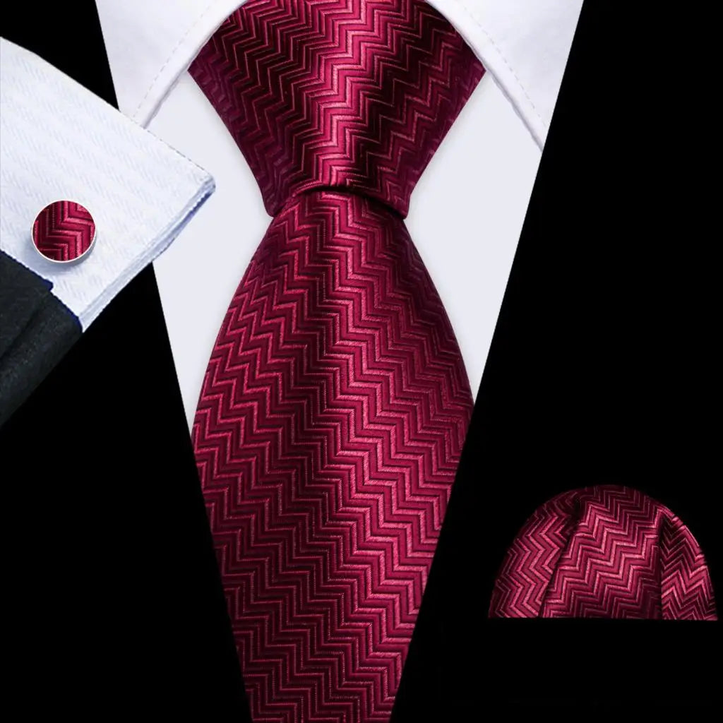 Barry.Wang Red Maroon Burgundy Rose Silk Men's Tie Pocket Square Cufflinks Set Jacquard Necktie for Male Wedding Business Party