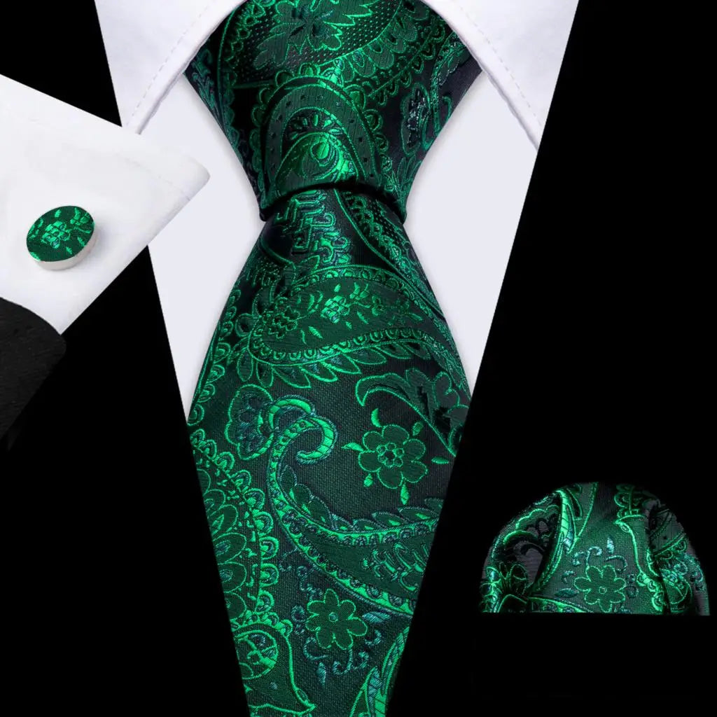 Luxury Silk Mens Ties Set Black Green Leaves Floral Neck Tie Handkerchief Cufflinks Set Wedding Business Party Barry·Wang 5938