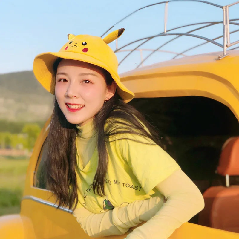 Anime Pika Bucket Hat Sun Hat with Ear Cute Cartoon Wide Brim Fisherman Beach Outdoor Baseball Hat Cap for Adult Kids Child