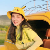 Anime Pika Bucket Hat Sun Hat with Ear Cute Cartoon Wide Brim Fisherman Beach Outdoor Baseball Hat Cap for Adult Kids Child