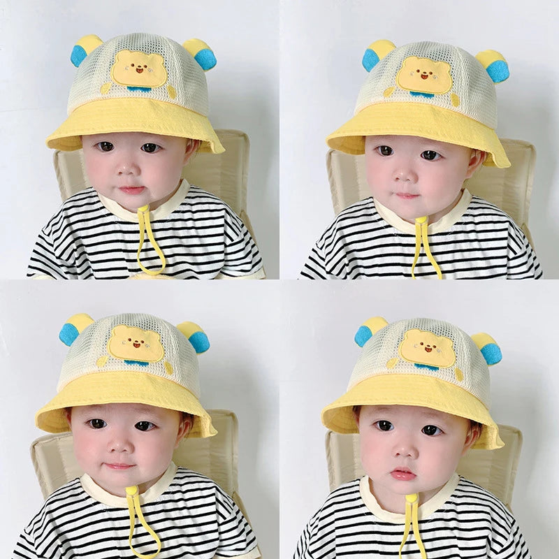 Summer Breathable Mesh Baby Hat Cute Bear Infant Boy Girl Bucket Hats Korean Cartoon Toddler Kids Casual Fisherman Cap