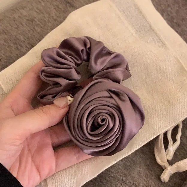 SIMPLEJEWEL™Handmade Rose Flower Elastics Hair Scrunchies, Ties  Satin Scrunchies Hair Band Ponytail Holder Band Scrunchies Ring