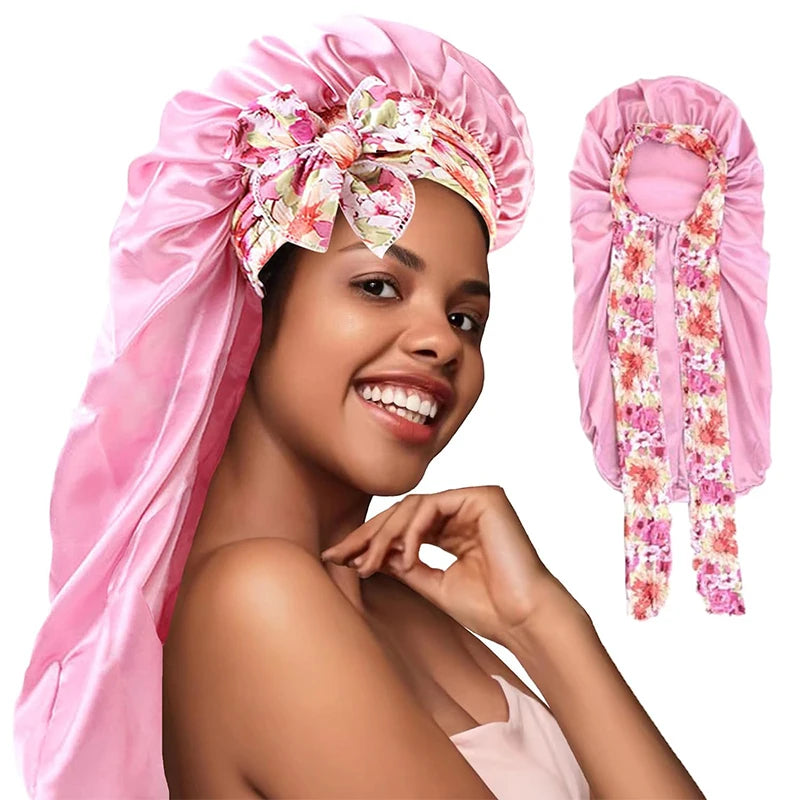 Women long Oversized Elastic Satin Bonnet Sleeping Cap With Ribbon Breathable Sleeping Cap Turban Sleep Headwear Bandanas