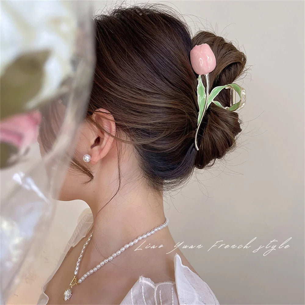 New Tulip Hair Claw Flower grace Shark Clip Headdress Vintage Ponytail Claw Clip Trendy sweet HAIR CLIP FOR GIRL Hair Jewelry
