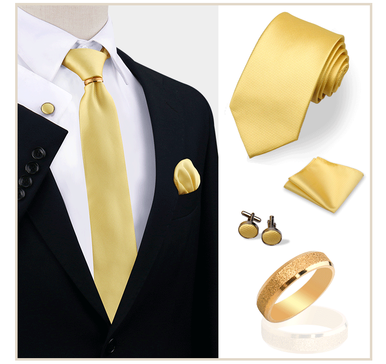 Luxury Solid Silk Ties Set For Men Necktie Handkerchief Cufflinks With Gold Metal Ring Brooch Suit Wedding Party Men Accessories