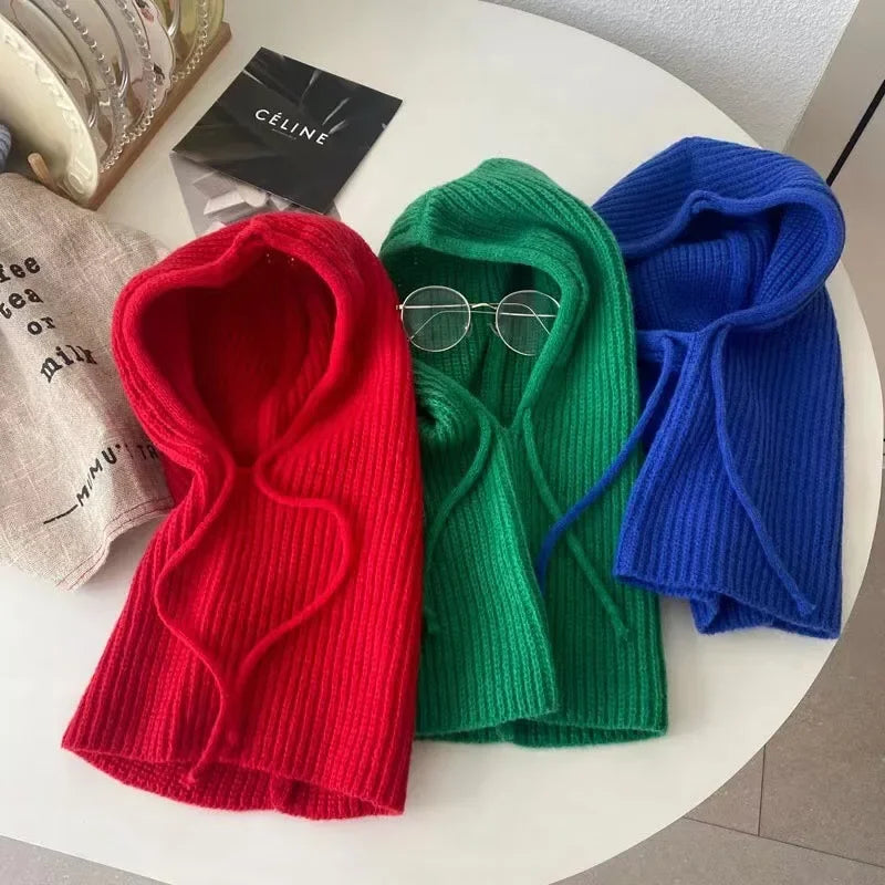 Winter Womens Hats Unisex Knitted Hooded Neck Collar Cap Beanie For Men & Women Drawstring One-Piece Hats Warmer Balaclava Cap