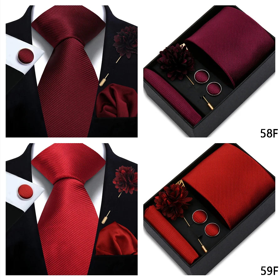 Top Quality Solid color Ties Hanky Cufflinks Brooch Set Elegant Jacquard Necktie For Men Business Wedding In Gift Box Gravatas