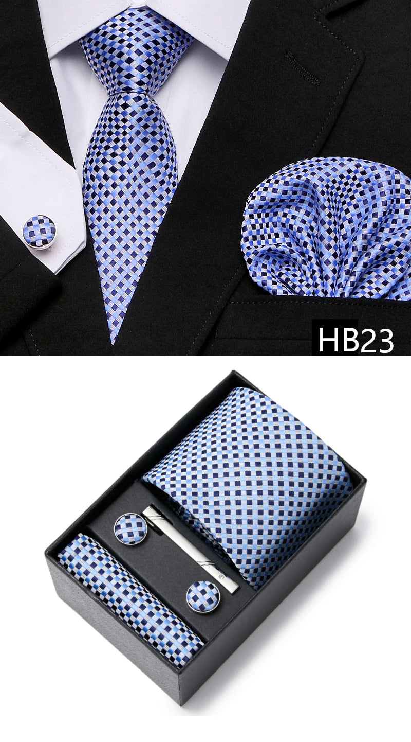 Gravatas For Men Newest design Silk Tie Handkerchief Cufflink Set Necktie Box Striped Blue Office