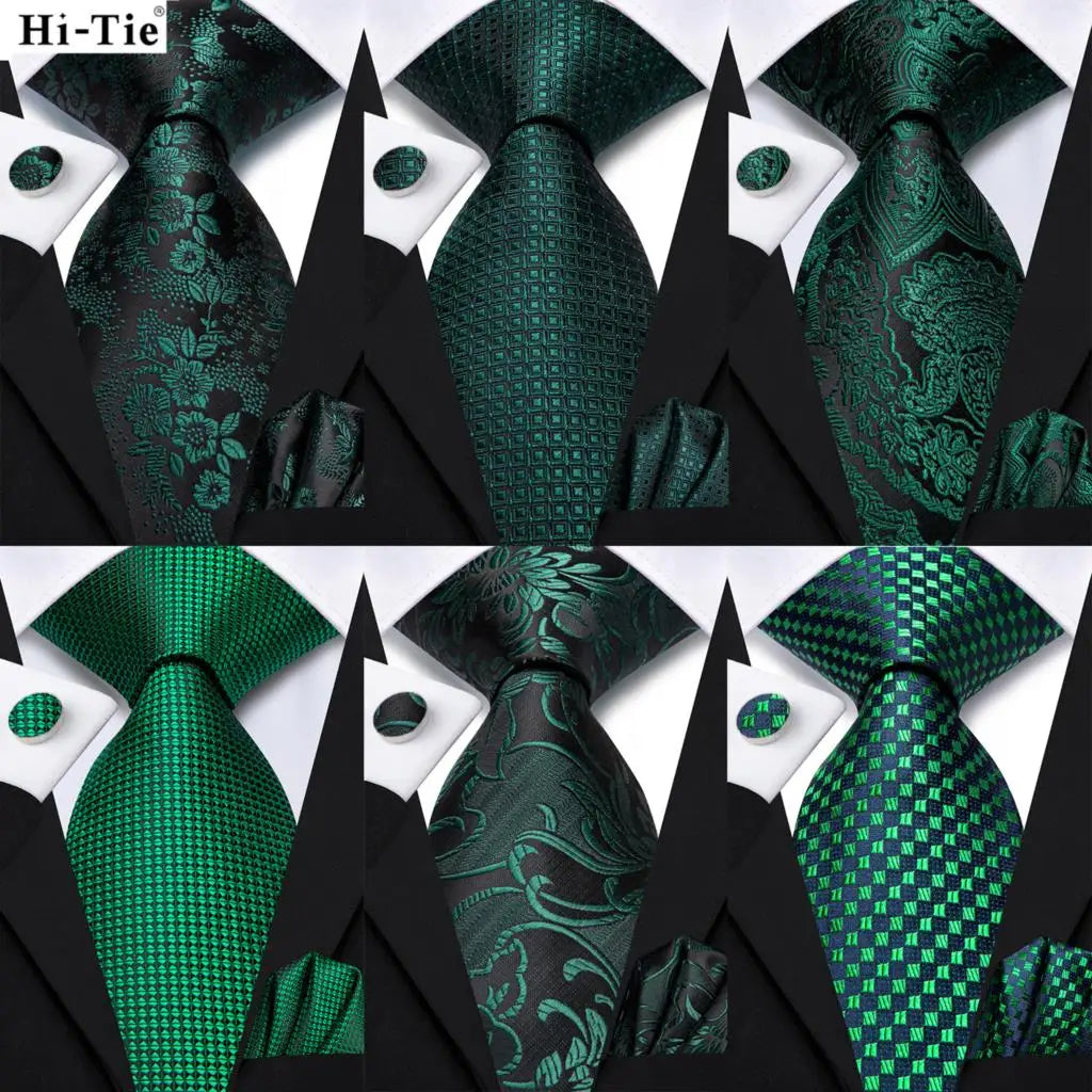 Hi-Tie Dark Green Psialey Silk Elegant Tie For Men Groom Wedding Men Necktie Pocket Square Cufflink Accessory Wholesale Designer