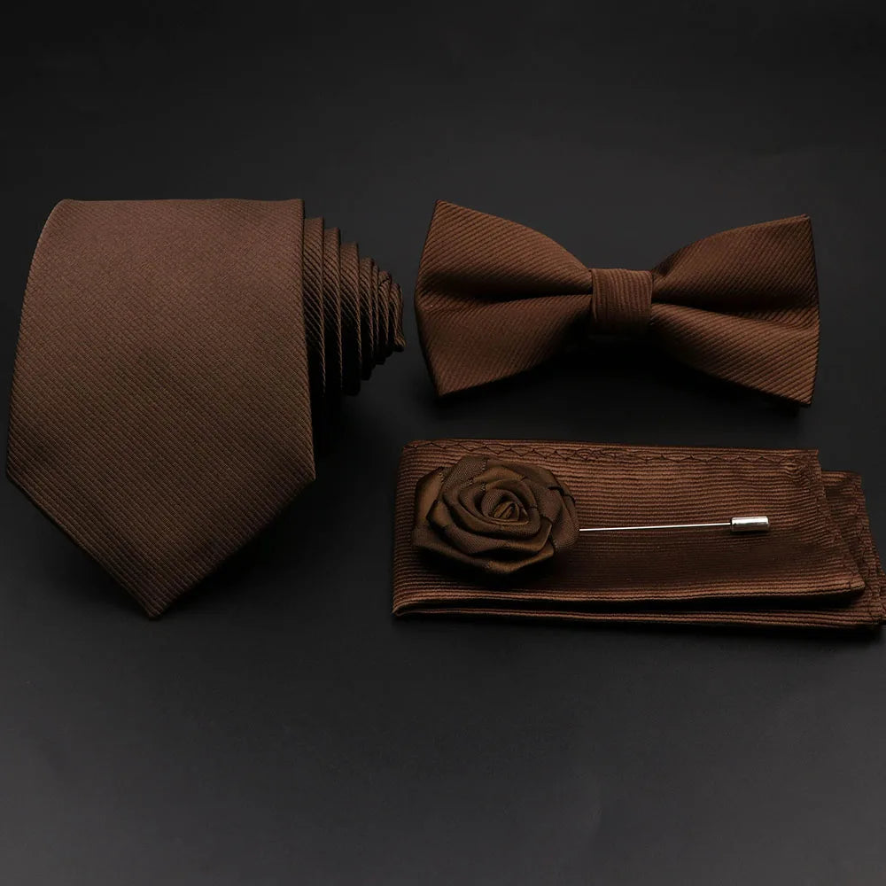 Hot Sale Red Blue Tie Set Polyester Slim Striped Necktie Bowtie Cufflink Brooch For Groom Suit Wedding Cravat Shirt Accessory