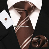 KAMBERFT New Classic Silk Men's Tie Red Gold Striped Men's Tie Handkerchief Cufflinks Set Wedding Business Party Gravatas