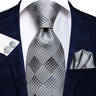 Hi-Tie Fashion Mens Plaid Silk Tie Set Jacquard Woven Necktie Hanky Cufflinks For Wedding Business Party Ideal Choice For Gift