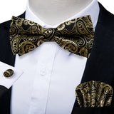 Classic Black Men Bow Ties 100% Silk Bowties Butterfly Pocket Square Cufflinks Set Suit Paisley Gold Pre-Tied Bow Tie DiBanGu