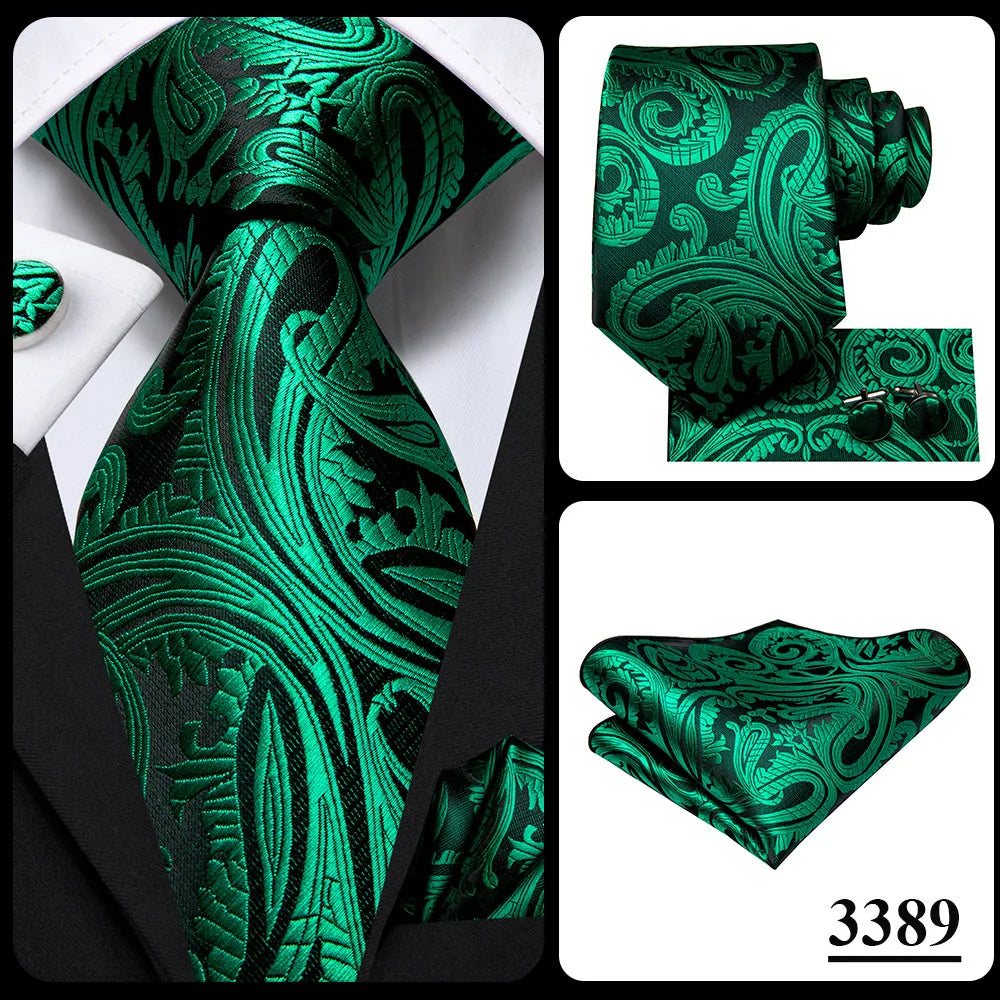 Hi-Tie Dark Green Floral Paisley Silk Wedding Tie For Men Handky Cufflink Gift Men Elegant Necktie Fashion Business Party