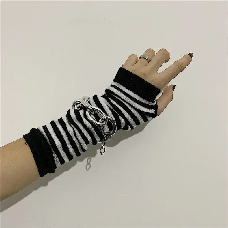 Y2K Gothic Lolita Gloves Arm Cover Harajuku Arm Warmers Black Grey Striped Fingerless Punk Long Wristband Metallic Unisex Gloves