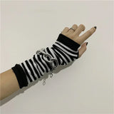 Y2K Gothic Lolita Gloves Arm Cover Harajuku Arm Warmers Black Grey Striped Fingerless Punk Long Wristband Metallic Unisex Gloves