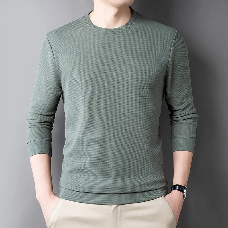 2024 Men's Casual Fashion Long Sleeved Round Neck T-shirt Waffle Comfortable Top