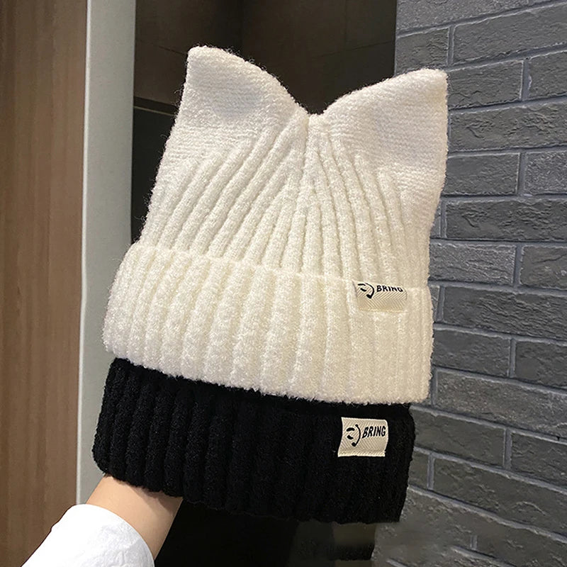 Cute Cat Ears Beanies For Women Autumn And Winter Warm Ear Protection Sweet Versatile Pullover Knitted Hats