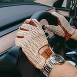 Men Driving Gloves motorcycle locomotive Half Finger Sheepskin Gloves Knitted Leather Male Car gloves guantes de trabajo