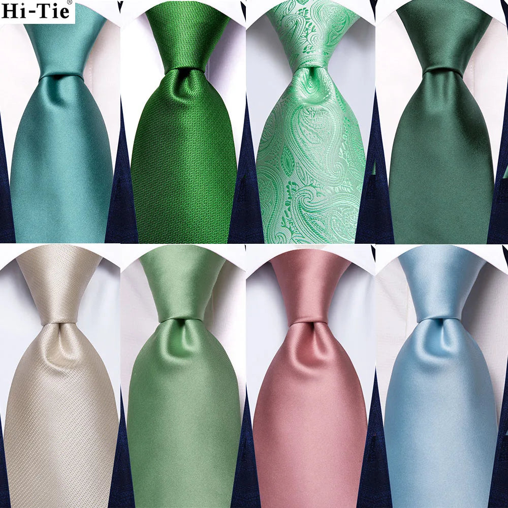 Hi-Tie Green Mint Solid Silk Wedding Tie For Men Handky Cufflink Gift Mens Necktie Fashion Designer Business Party Dropshiping