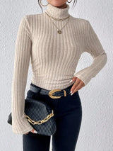Autumn and Winter Sexy Texture Pit Stripe Slim Knit Long Sleeve Women's t-shirt New High Neck Women's Tops Casual Women's Tops