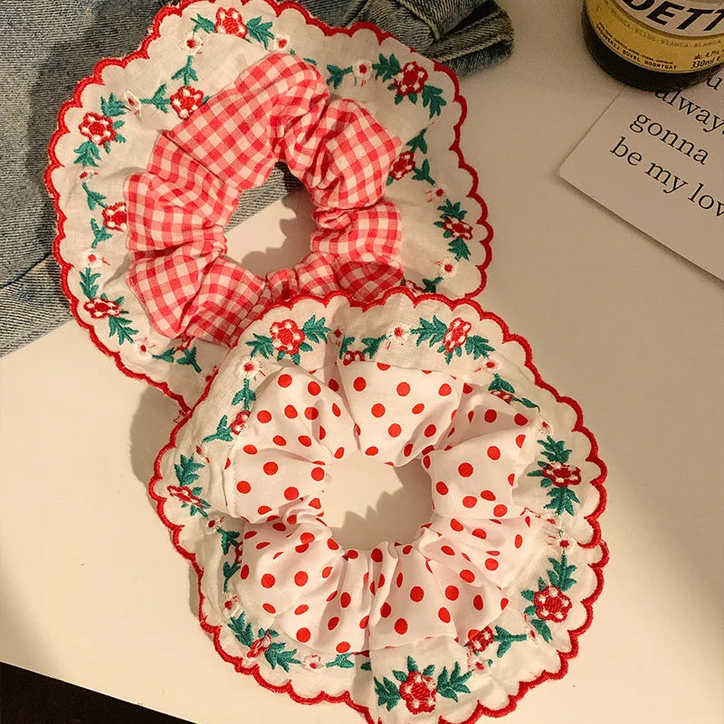 Beautiful Embroidered Large Scrunchies Elastic Hair Bands Hair Ties Women Sweet Hair Accessories Ponytail Holder Head Rope