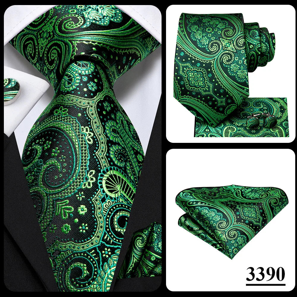 Hi-Tie Dark Green Psialey Silk Elegant Tie For Men Groom Wedding Men Necktie Pocket Square Cufflink Accessory Wholesale Designer