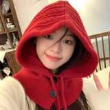 New Knitted Balaclava Hats For Women Hooded Caps Outdoor Winter Warmer Drawstring Hat One-Piece Neck Collar Cycling Beanies Caps