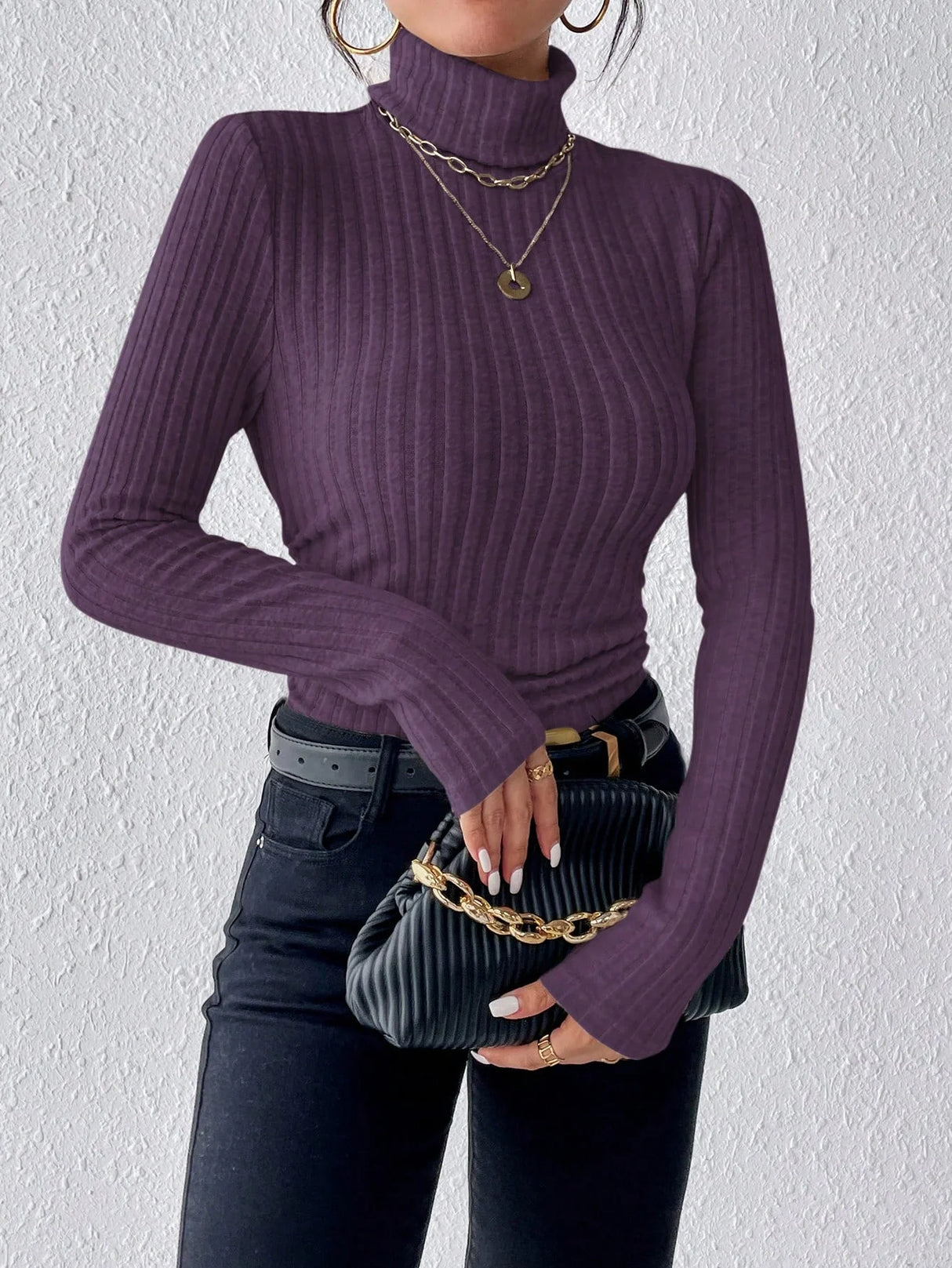 Autumn and Winter Sexy Texture Pit Stripe Slim Knit Long Sleeve Women's t-shirt New High Neck Women's Tops Casual Women's Tops