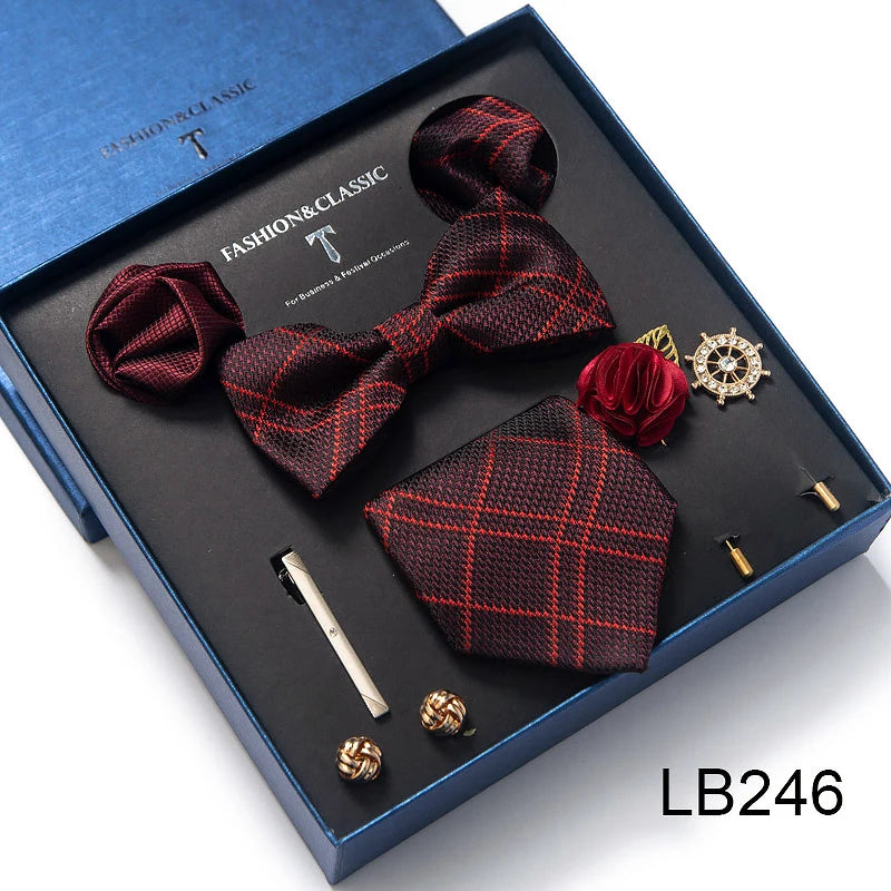 Brand Newest Design Silk Tie Set Handkerchief Pocket Squares Cufflink Bow Tie Clip Necktie Set Bussiness Wedding Suit Gift Box