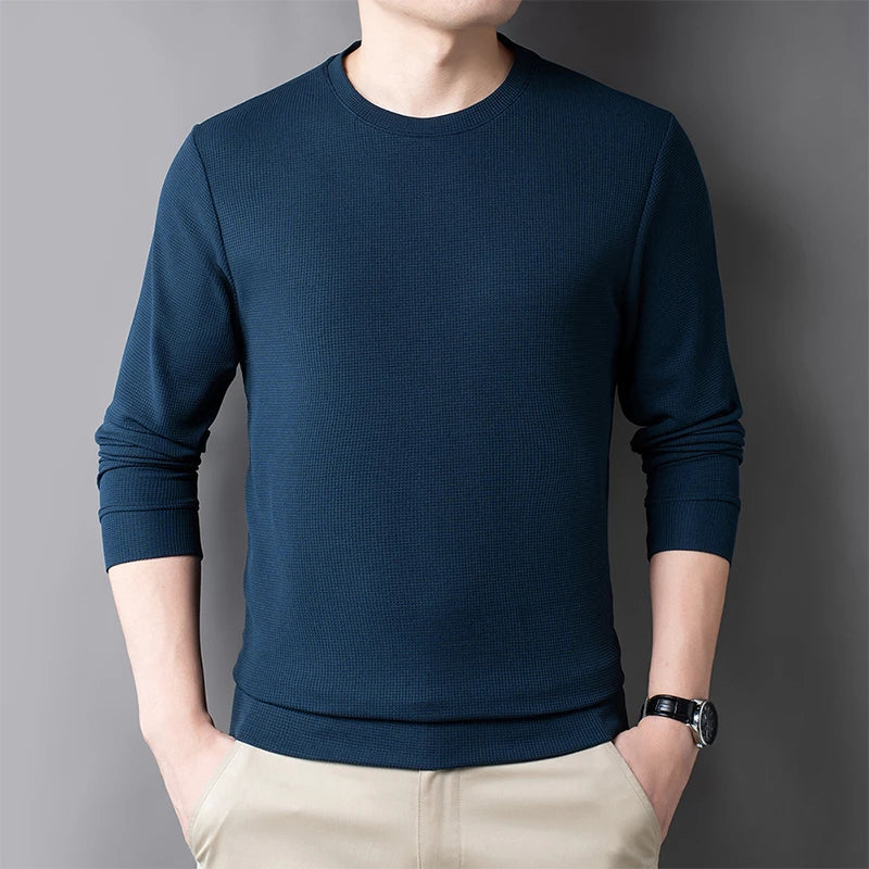 2024 Men's Casual Fashion Long Sleeved Round Neck T-shirt Waffle Comfortable Top