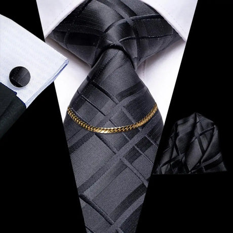 Hi-Tie Business Black Luxury Plaid Mens Tie Silk Neckties  Fashion Tie Chain Hanky Cufflinks Set Design Gift For Men Wedding