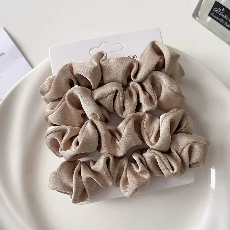3/4/5 PCS Elastic Bands Elegant Solid Color Satin Pleated Scrunchies Woman Strong Ponytail Hair Ties Accessories Wholesale