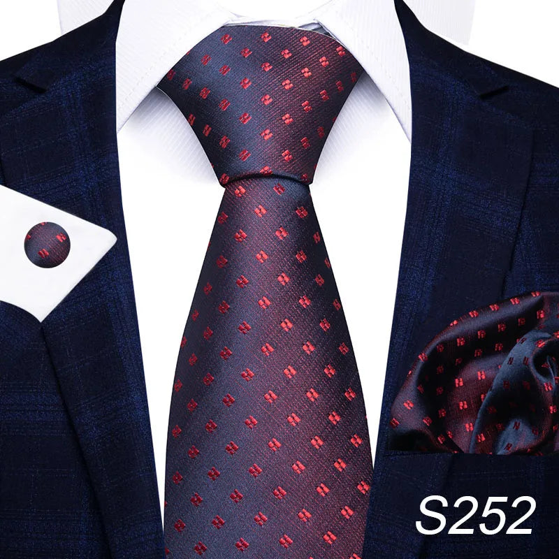 Brand Fashion 8 cm Tie For Men Woven Festive Present Tie Handkerchief Cufflink Set Necktie Shirt Accessories Red Striped