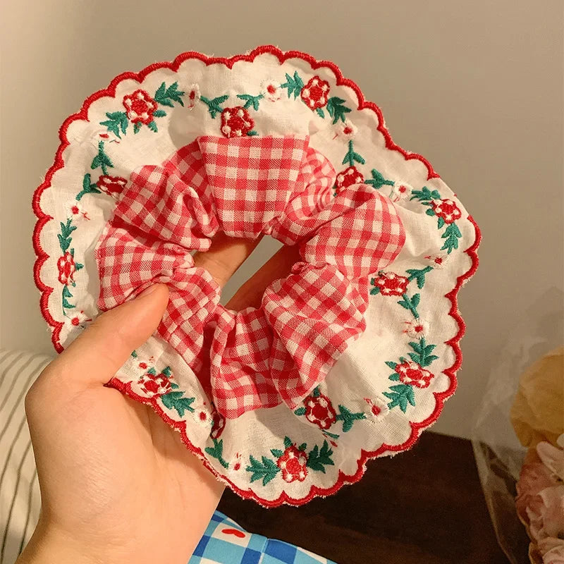 Beautiful Embroidered Large Scrunchies Elastic Hair Bands Hair Ties Women Sweet Hair Accessories Ponytail Holder Head Rope