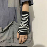 Y2K Gothic Lolita Gloves Arm Cover Harajuku Arm Warmers Black Grey Striped Fingerless Punk Long Wristband Metallic Unisex Gloves