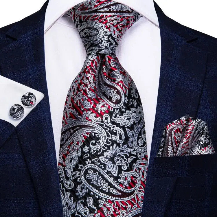 Hi-Tie Luxury Floral Paisley Ties for Men Male Desigenr Red Green Snow Ties for Christmas Adult Silk Tie Hanky Cufflinks Tie Set